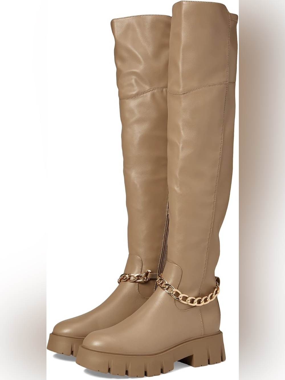 GBG Los Angeles Tan and Gold Over the Knee Boots with Gold Chain Detail